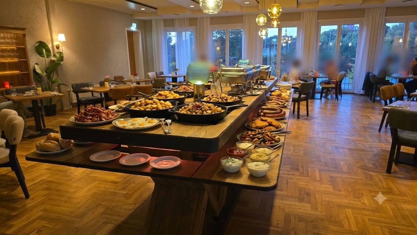 Reichhaltiges Buffet mit Bratkartoffeln, Rührei und Speck im Gastraum